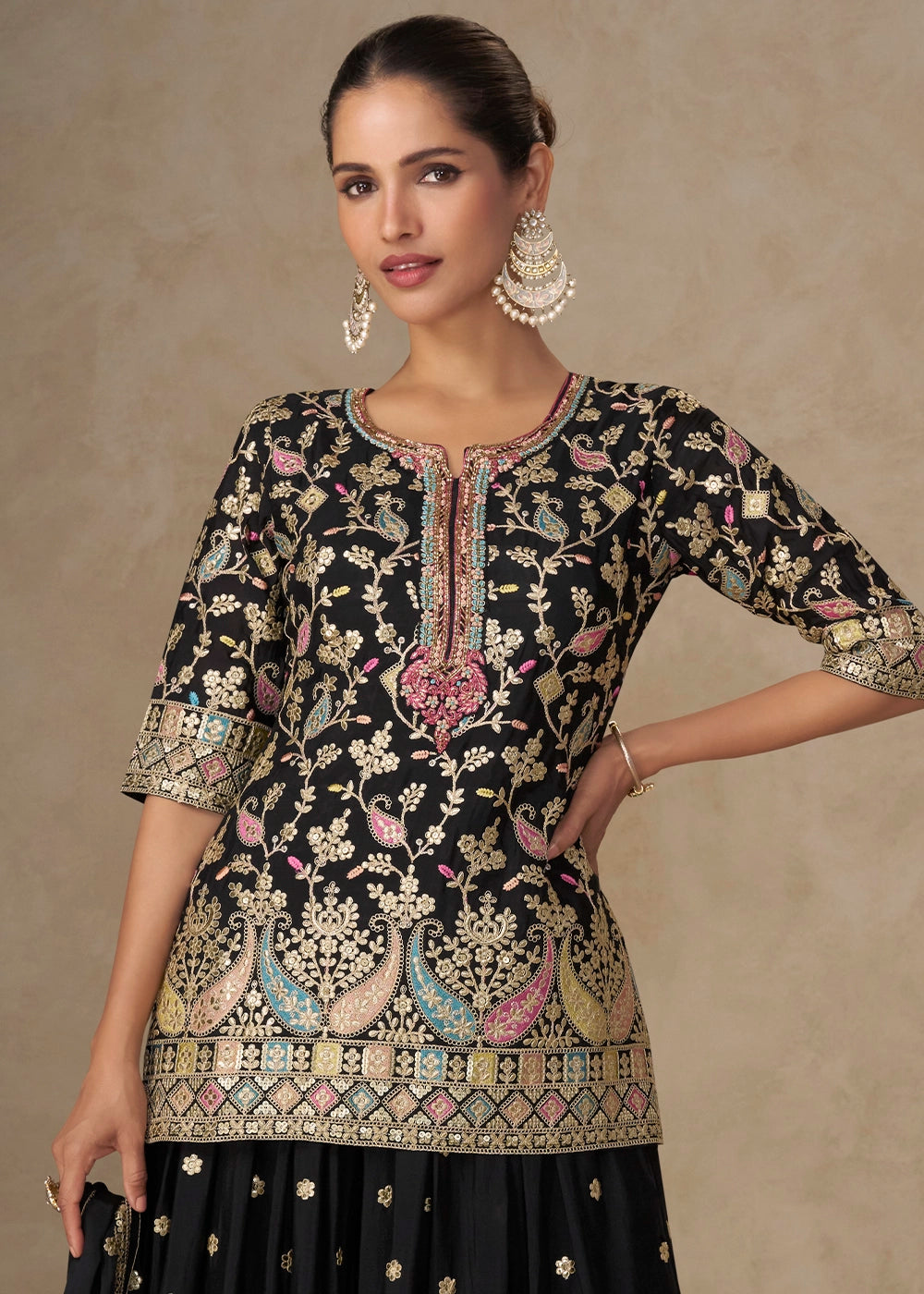 Pebble Black Embroidered Chinon Silk Palazzo Suit for Festive Wear