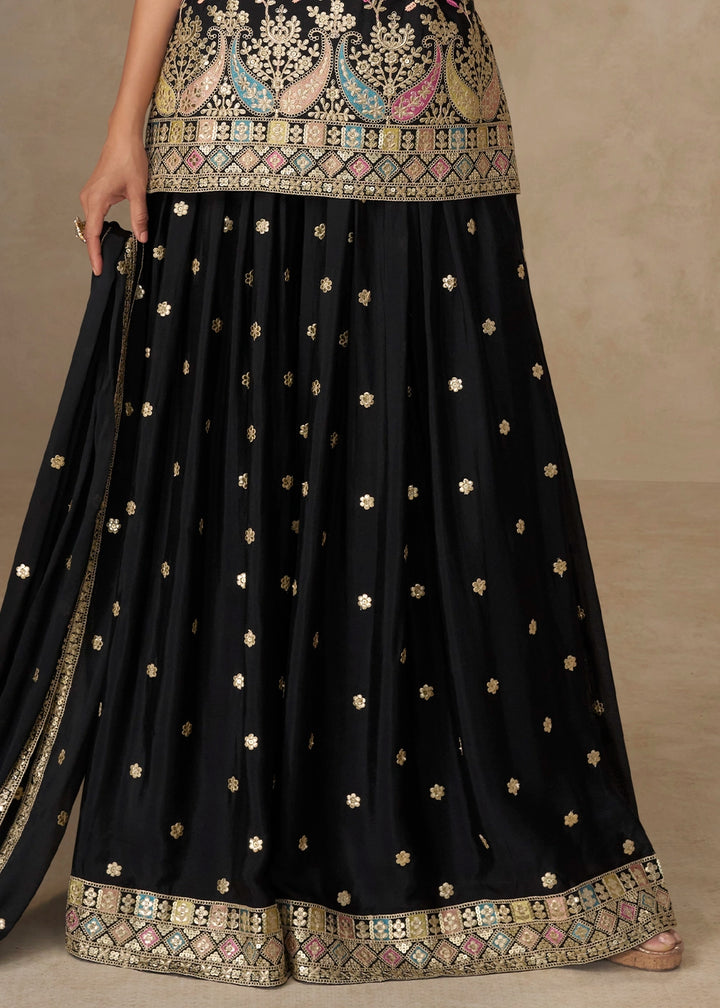 Pebble Black Embroidered Chinon Silk Palazzo Suit for Festive Wear