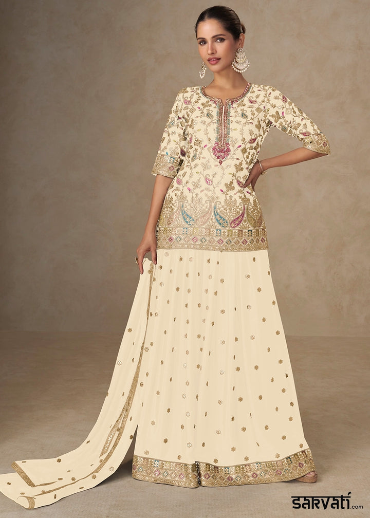 Cream White Embroidered Chinon Silk Palazzo Suit for Festive Wear