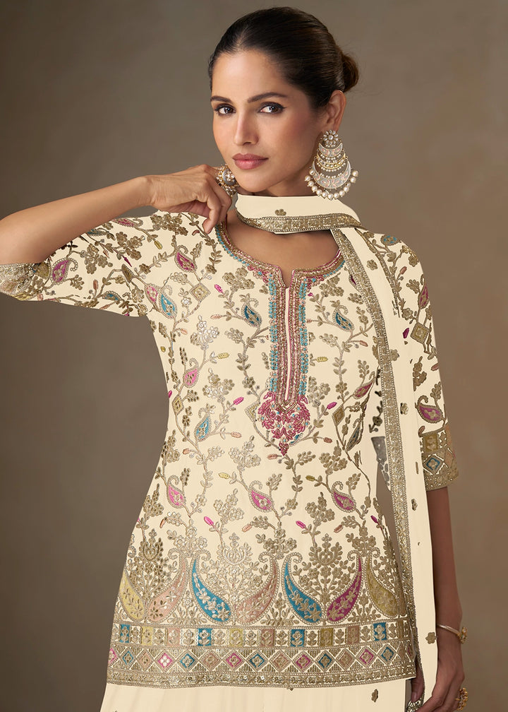 Cream White Embroidered Chinon Silk Palazzo Suit for Festive Wear
