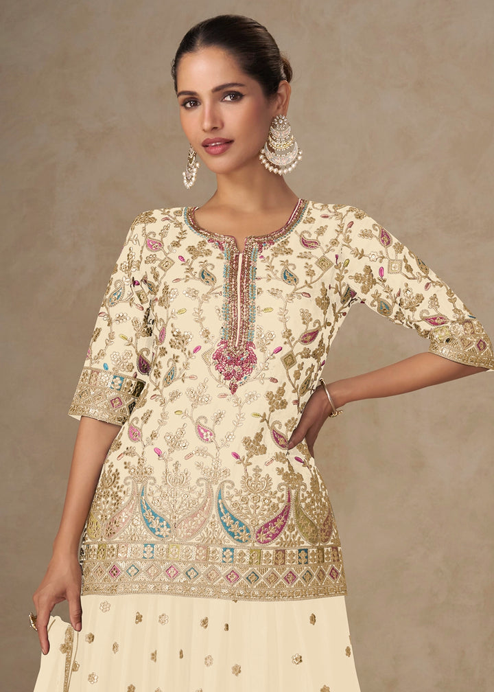 Cream White Embroidered Chinon Silk Palazzo Suit for Festive Wear