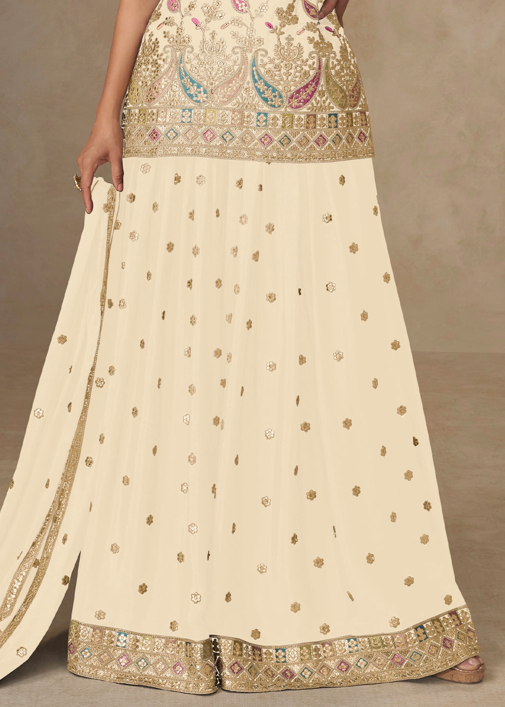 Cream White Embroidered Chinon Silk Palazzo Suit for Festive Wear