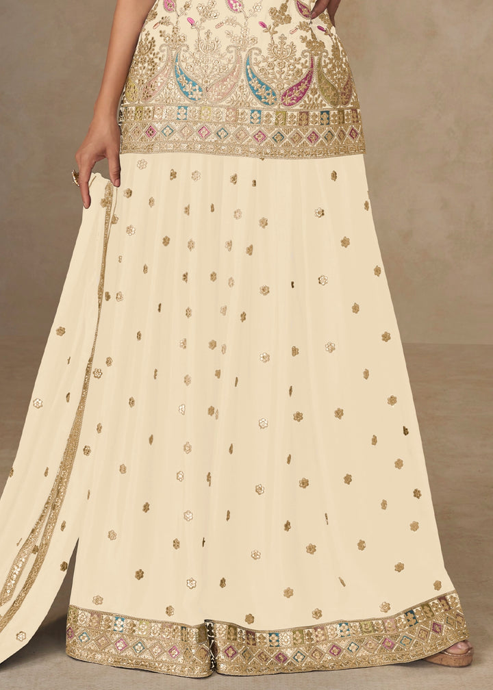Cream White Embroidered Chinon Silk Palazzo Suit for Festive Wear