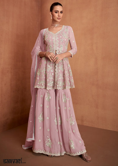 Pastel Pink Georgette Gharara Suit with Intricate White Thread Work