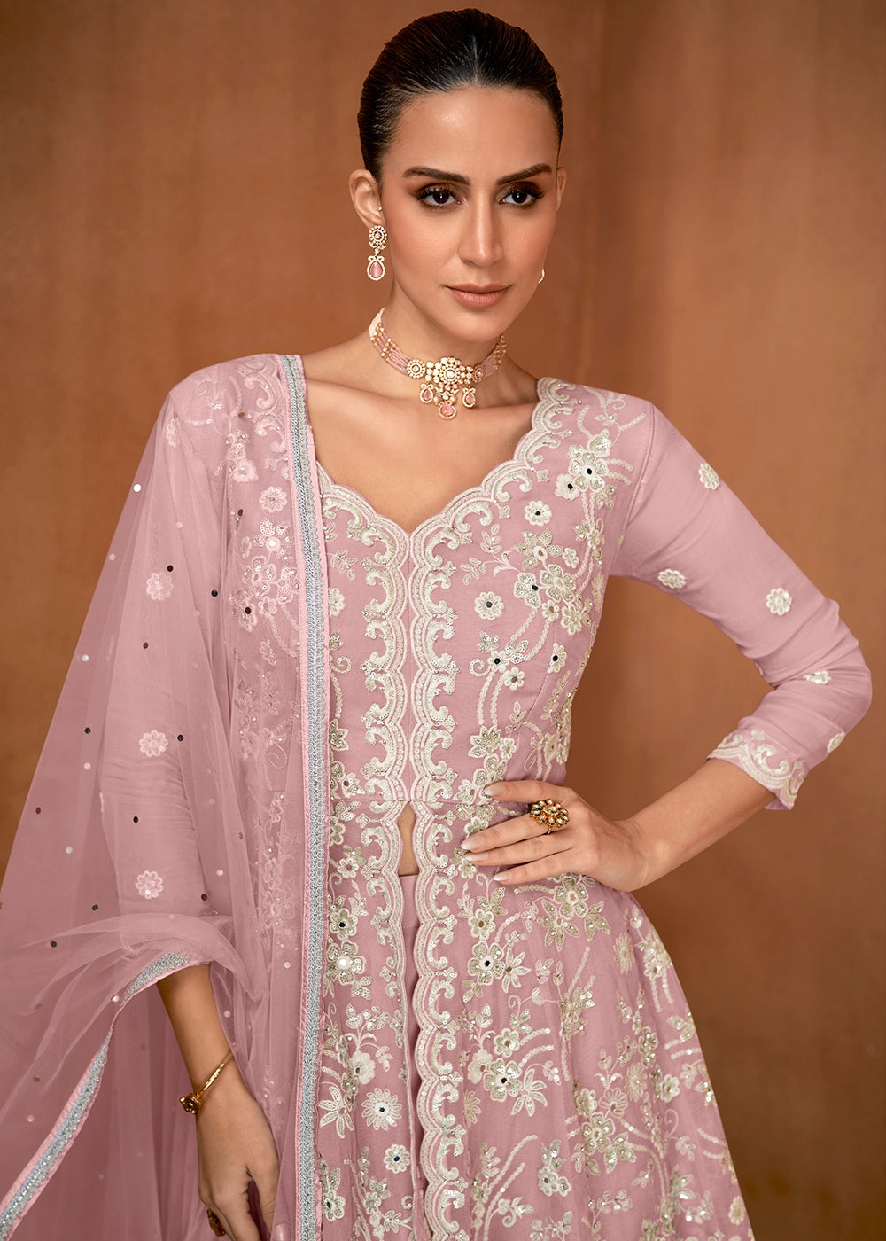 Pastel Pink Georgette Gharara Suit with Intricate White Thread Work