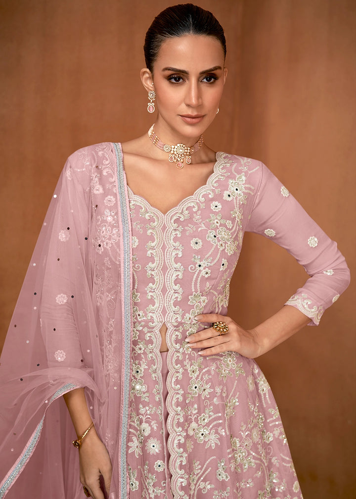 Pastel Pink Georgette Gharara Suit with Intricate White Thread Work