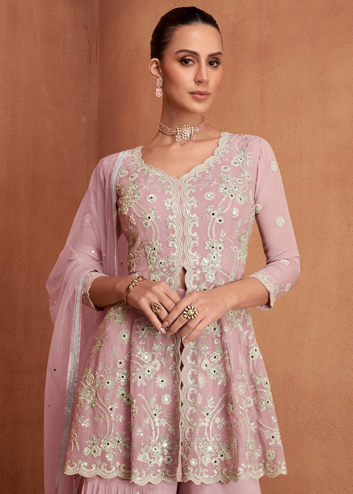 Pastel Pink Georgette Gharara Suit with Intricate White Thread Work