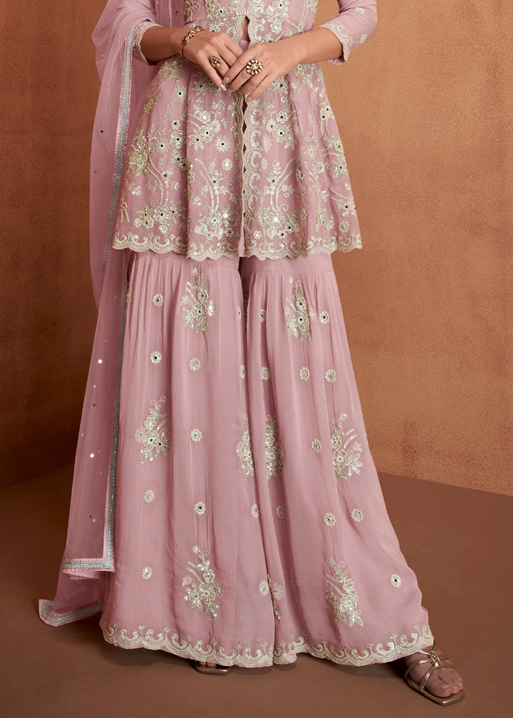 Pastel Pink Georgette Gharara Suit with Intricate White Thread Work