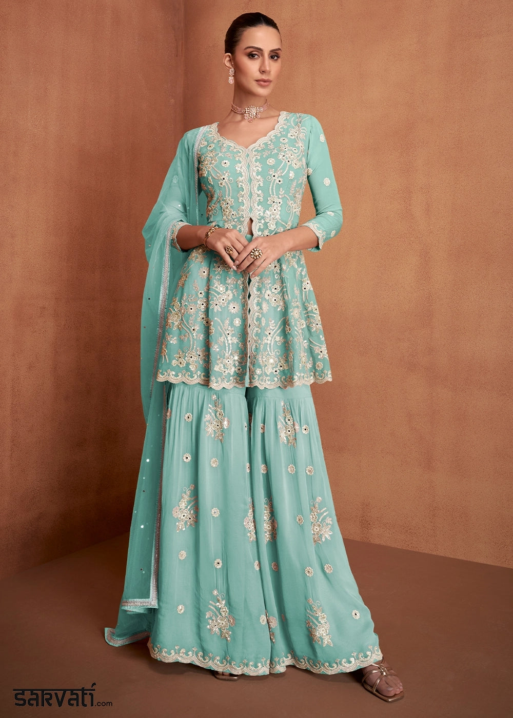 Celeste Blue Georgette Gharara Suit with Intricate White Thread Work