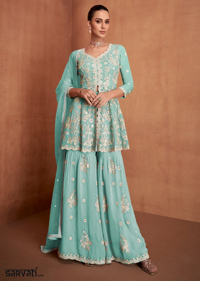 Celeste Blue Georgette Gharara Suit with Intricate White Thread Work