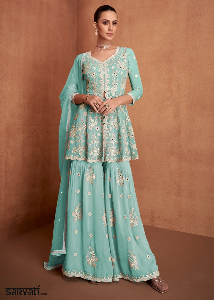 Celeste Blue Georgette Gharara Suit with Intricate White Thread Work