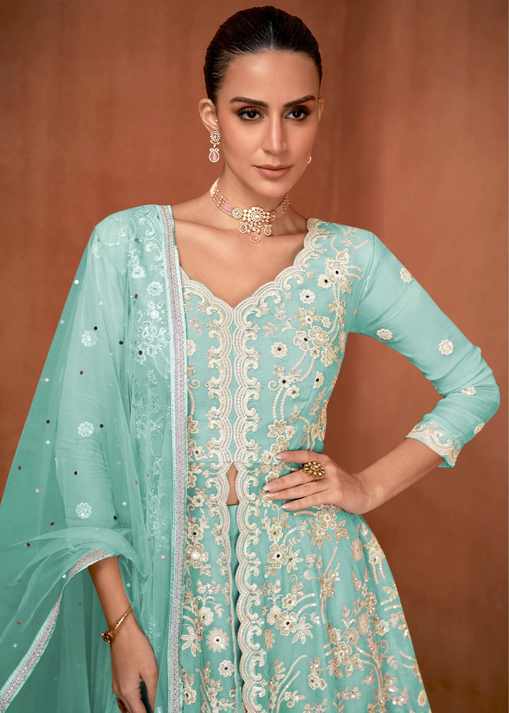 Celeste Blue Georgette Gharara Suit with Intricate White Thread Work