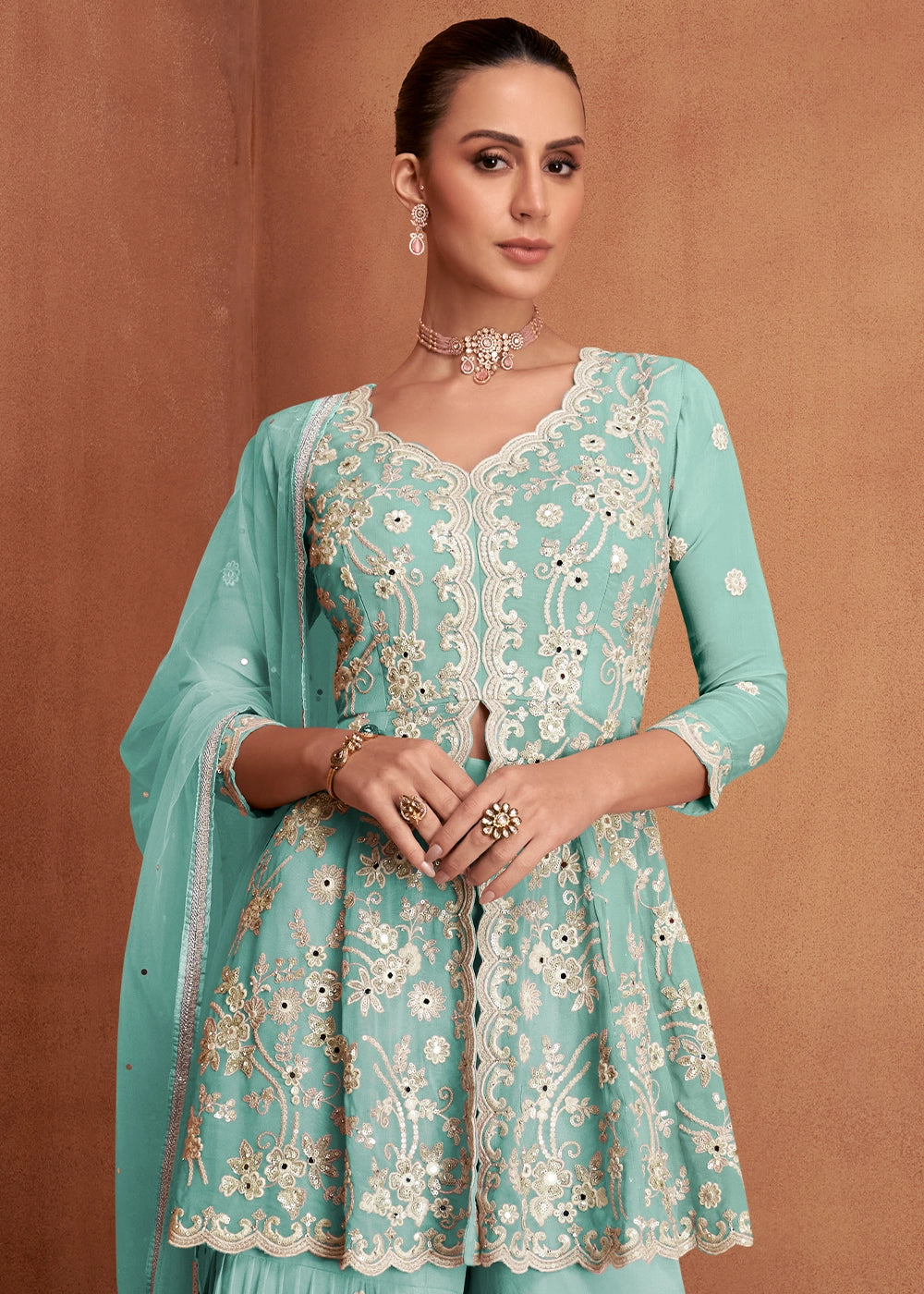 Celeste Blue Georgette Gharara Suit with Intricate White Thread Work