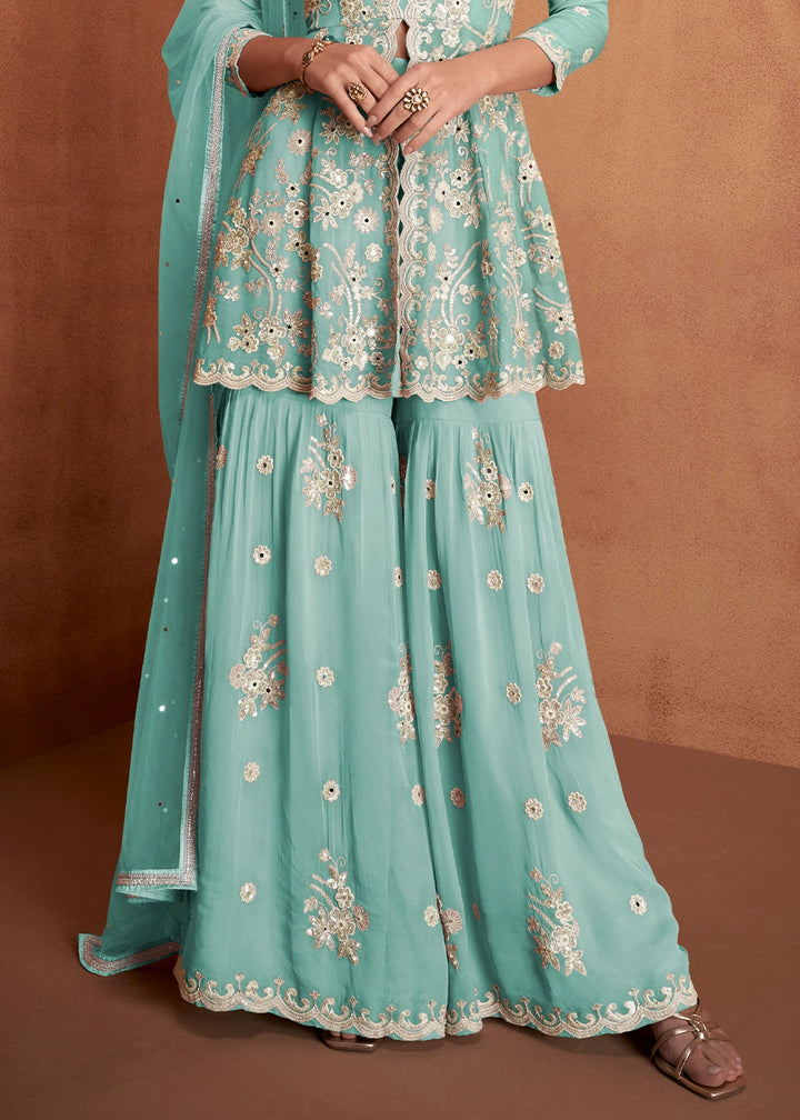 Celeste Blue Georgette Gharara Suit with Intricate White Thread Work