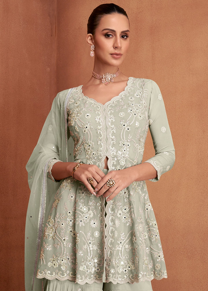 Tea Green Georgette Gharara Suit with Intricate White Thread Work