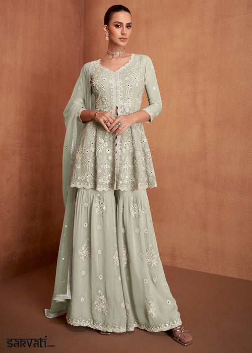 Tea Green Georgette Gharara Suit with Intricate White Thread Work