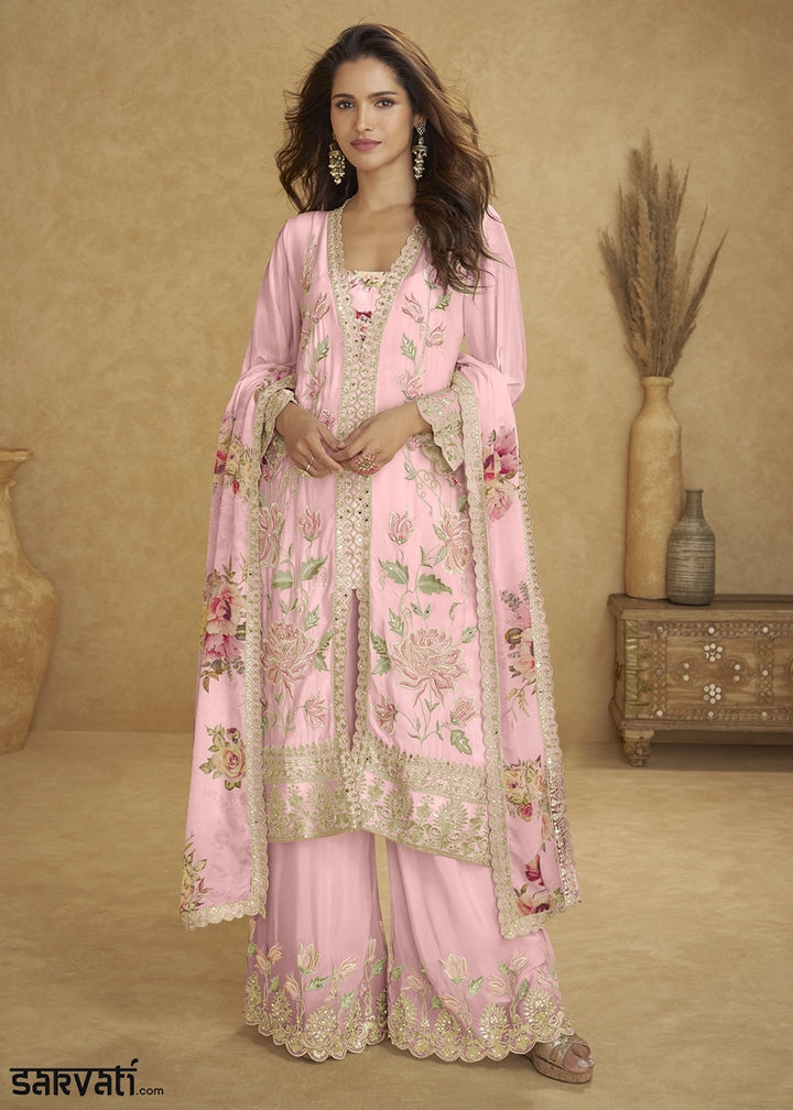 Flamingo Pink Chinon Silk Palazzo Suit with Floral Embroidery
