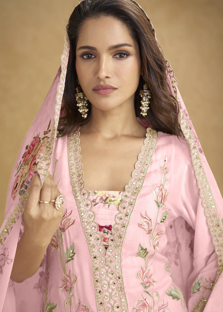 Flamingo Pink Chinon Silk Palazzo Suit with Floral Embroidery