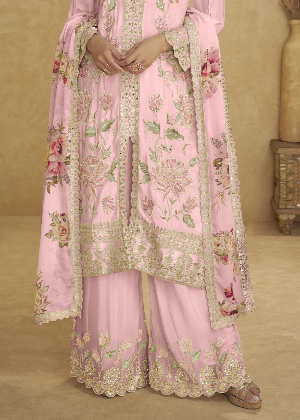 Flamingo Pink Chinon Silk Palazzo Suit with Floral Embroidery