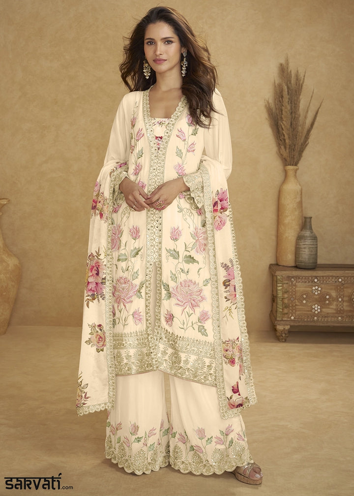 Cream White Chinon Silk Palazzo Suit with Floral Embroidery