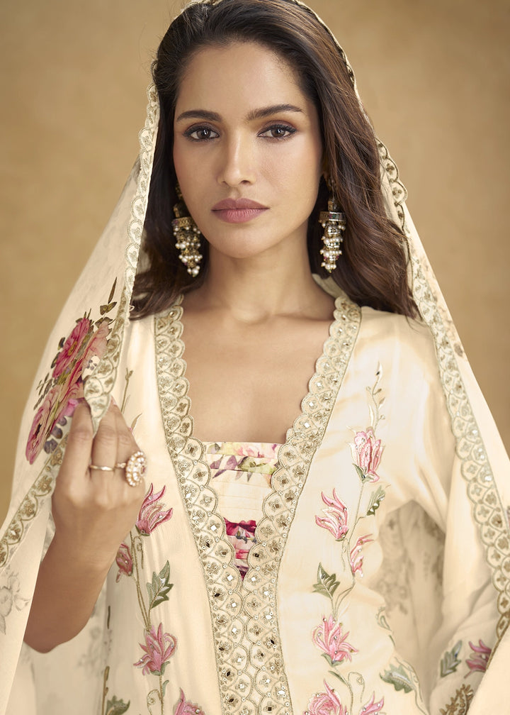Cream White Chinon Silk Palazzo Suit with Floral Embroidery