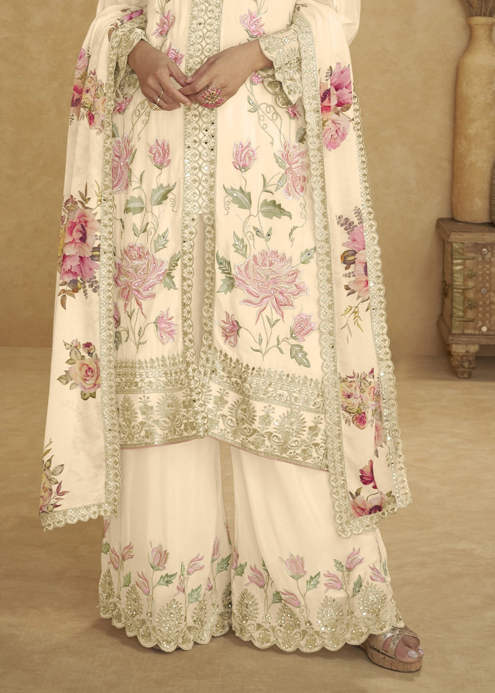 Cream White Chinon Silk Palazzo Suit with Floral Embroidery