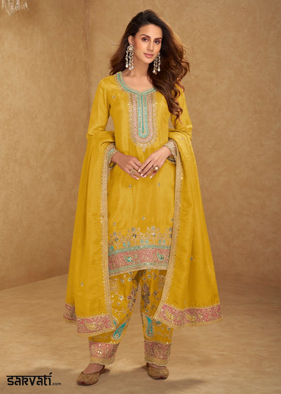 Saffron Yellow Simar Silk Festive Salwar Suit with Embroidered Detailing