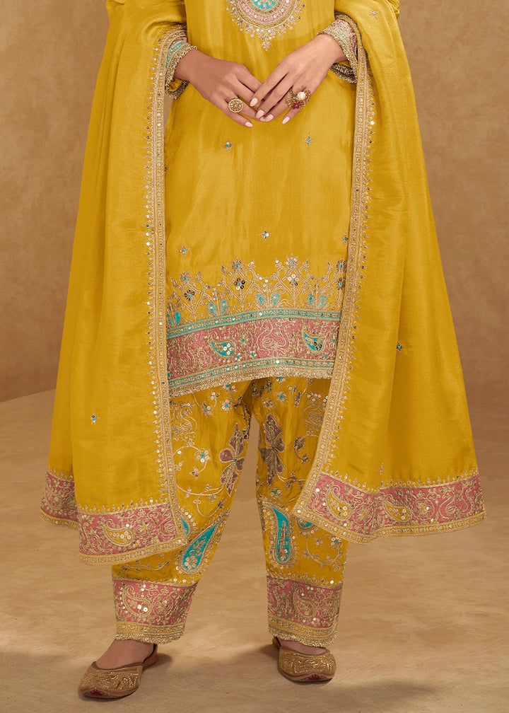 Saffron Yellow Simar Silk Festive Salwar Suit with Embroidered Detailing