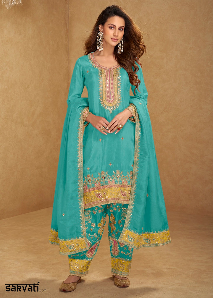 Cerulean Blue Simar Silk Festive Salwar Suit with Embroidered Detailing