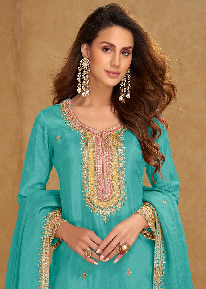 Cerulean Blue Simar Silk Festive Salwar Suit with Embroidered Detailing