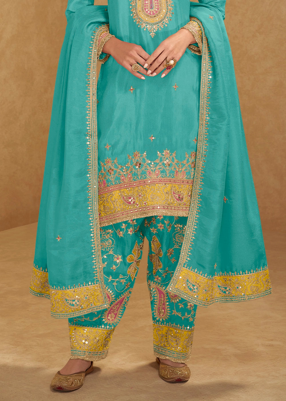 Cerulean Blue Simar Silk Festive Salwar Suit with Embroidered Detailing