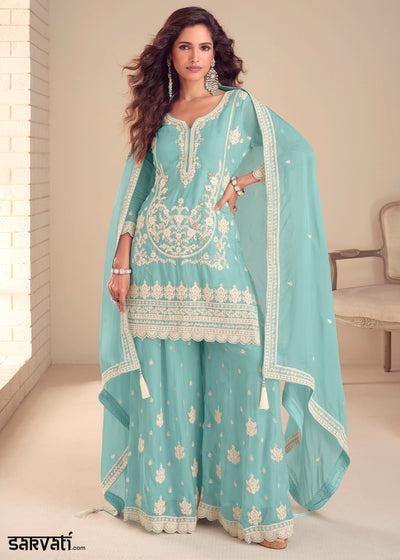 Light Blue Chinon Silk Palazzo Suit with Intricate Embroidery