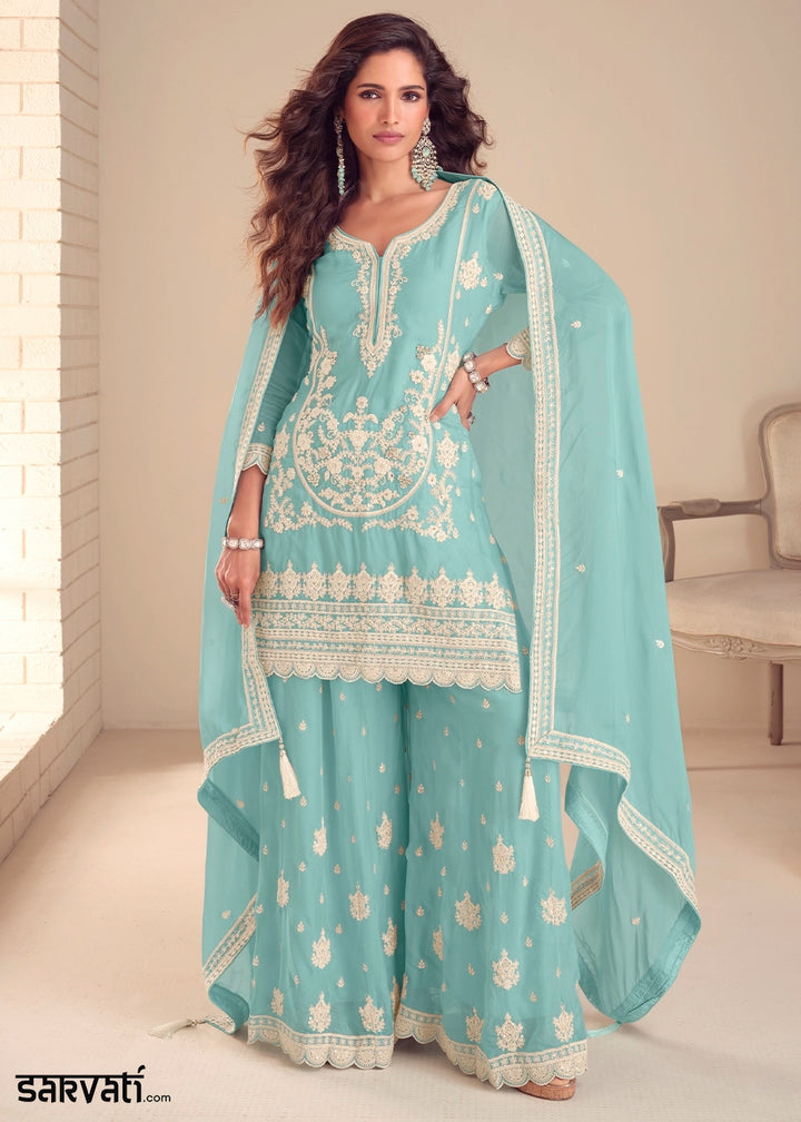 Light Blue Chinon Silk Palazzo Suit with Intricate Embroidery