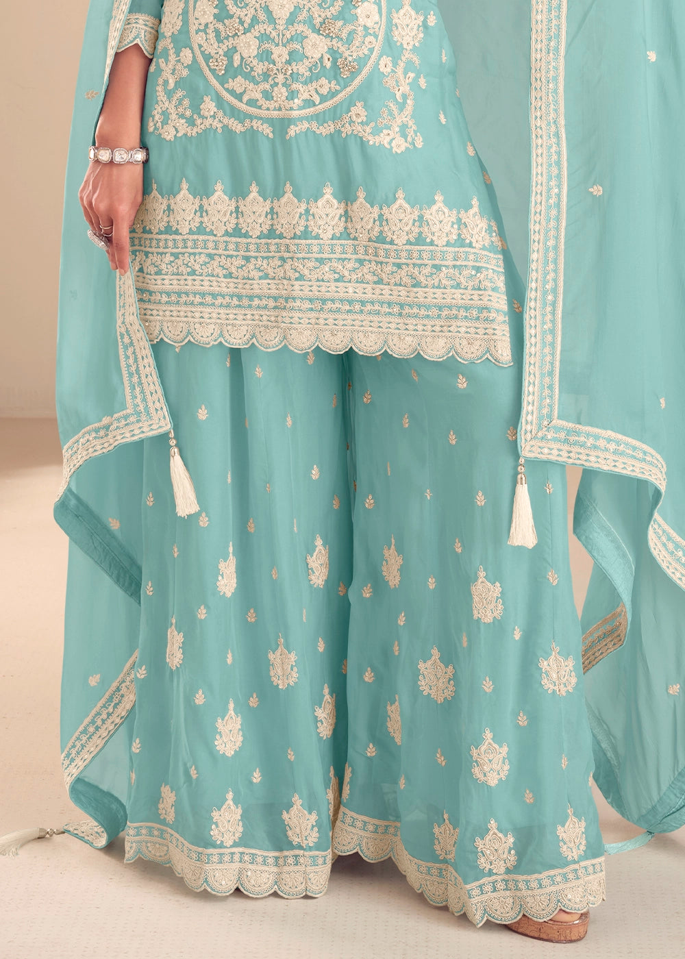 Light Blue Chinon Silk Palazzo Suit with Intricate Embroidery