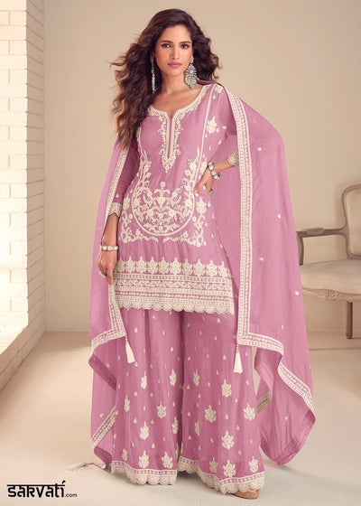 Pastel Purple Chinon Silk Palazzo Suit with Intricate Embroidery
