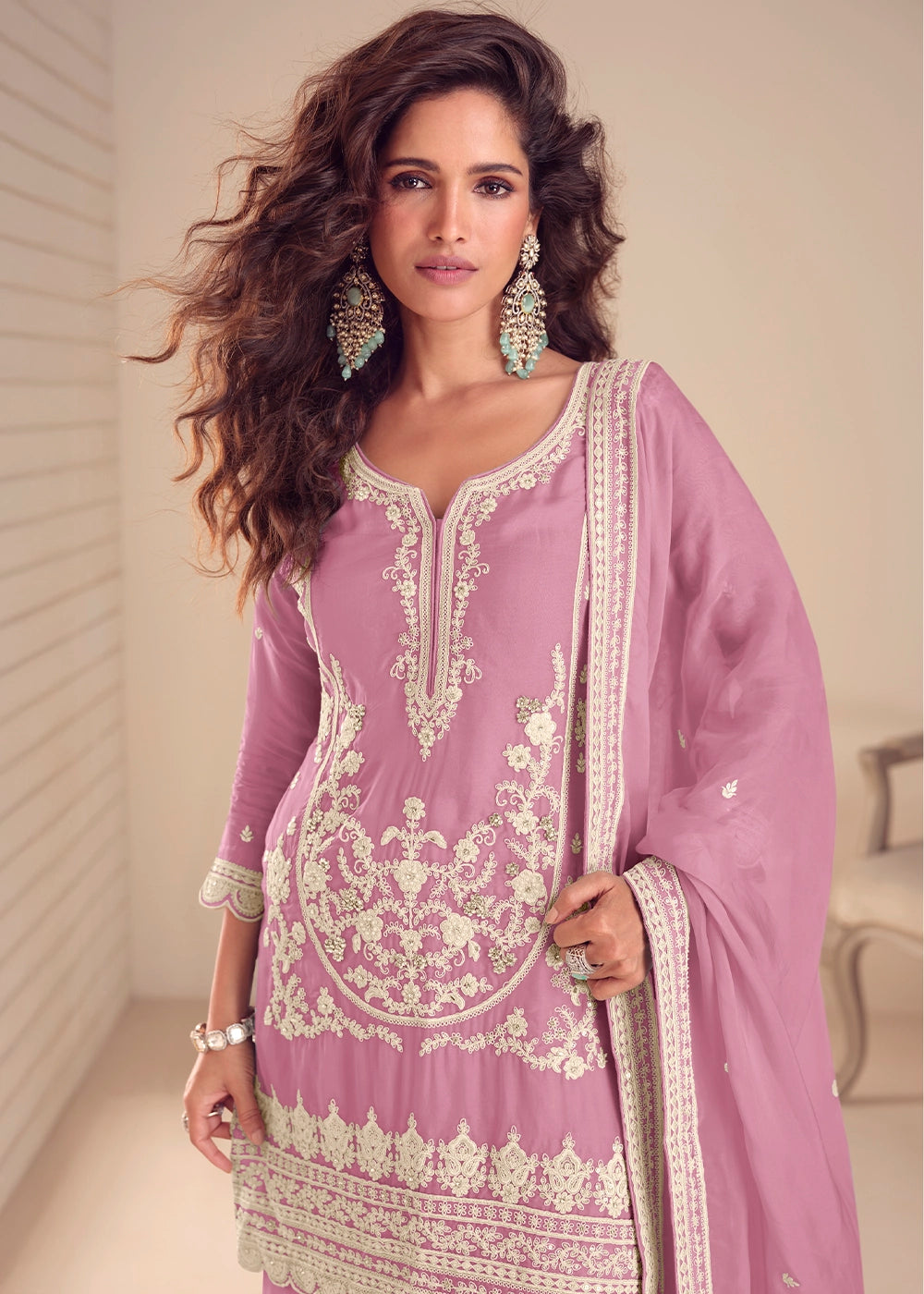Pastel Purple Chinon Silk Palazzo Suit with Intricate Embroidery