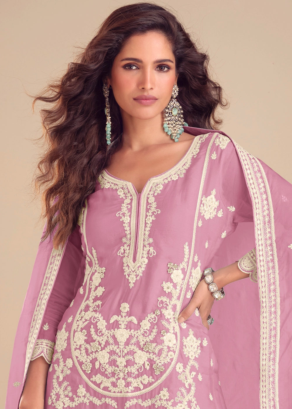 Pastel Purple Chinon Silk Palazzo Suit with Intricate Embroidery