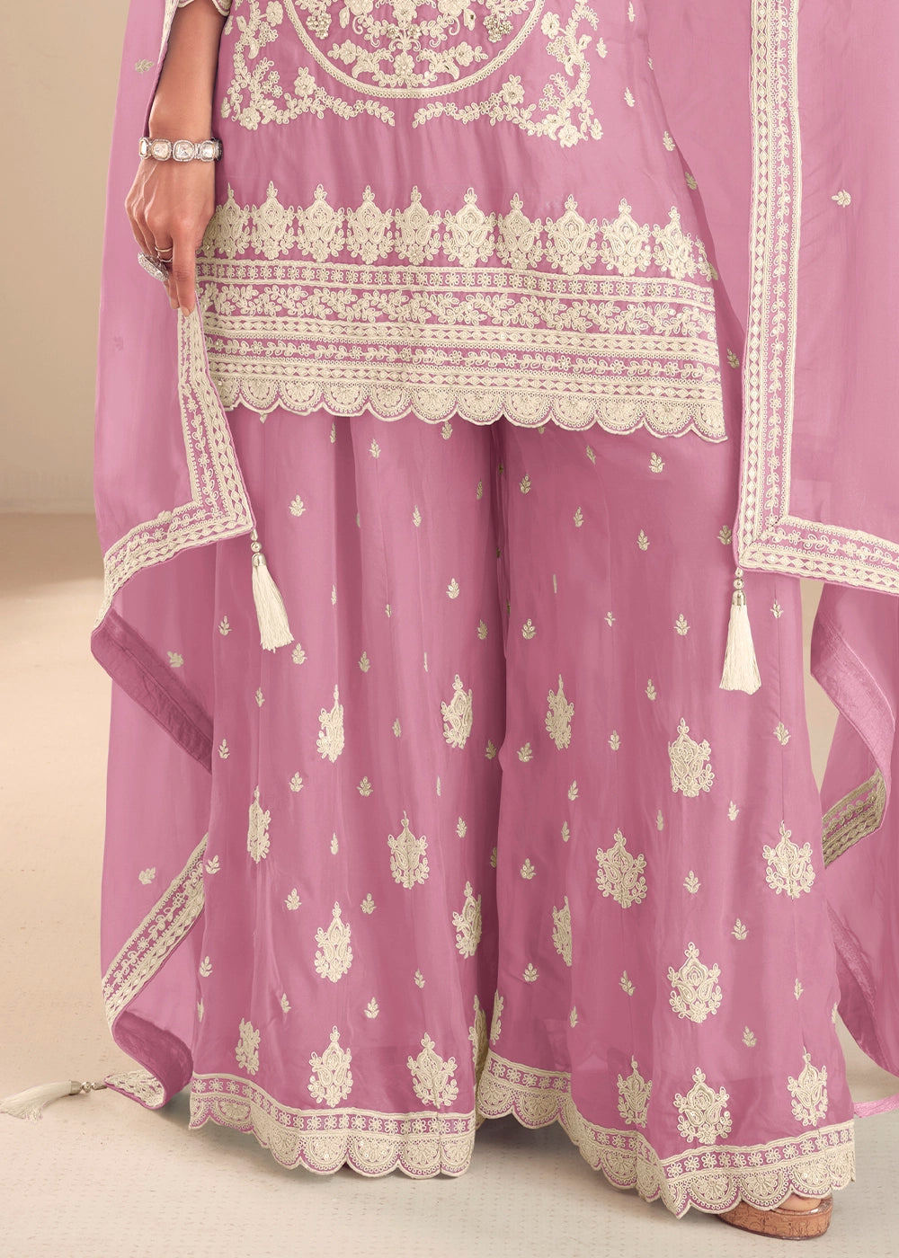 Pastel Purple Chinon Silk Palazzo Suit with Intricate Embroidery
