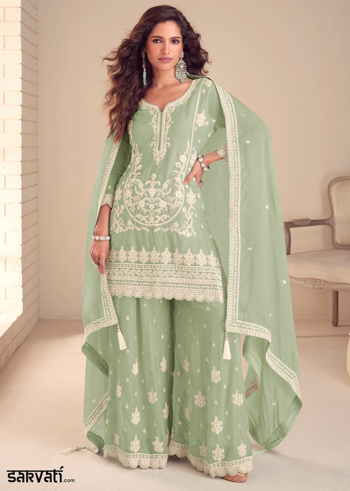Tea Green Chinon Silk Palazzo Suit with Intricate Embroidery