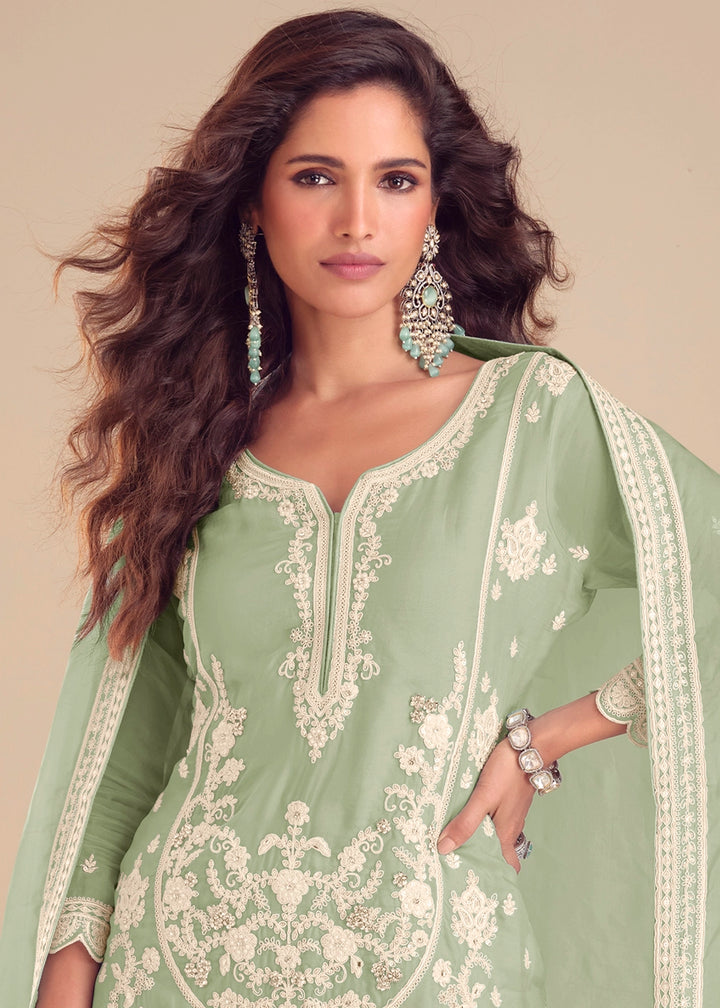 Tea Green Chinon Silk Palazzo Suit with Intricate Embroidery