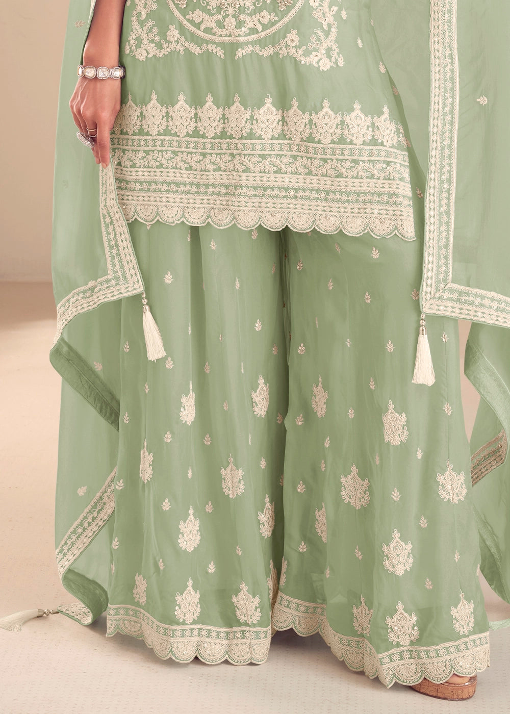 Tea Green Chinon Silk Palazzo Suit with Intricate Embroidery