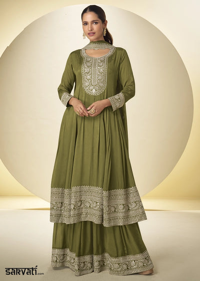 Olive Green Chinon Silk Palazzo Suit with Intricate Embroidery