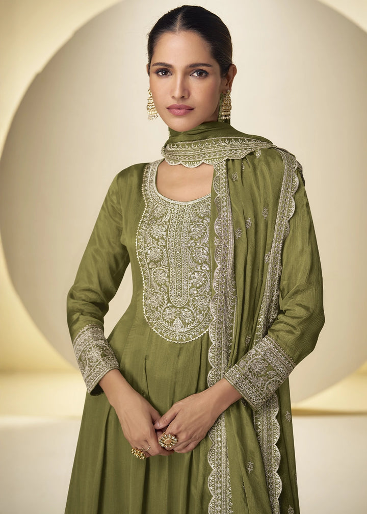 Olive Green Chinon Silk Palazzo Suit with Intricate Embroidery
