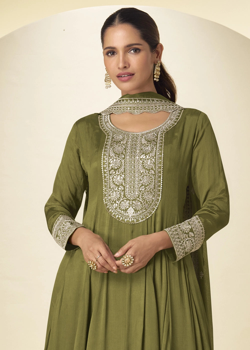 Olive Green Chinon Silk Palazzo Suit with Intricate Embroidery