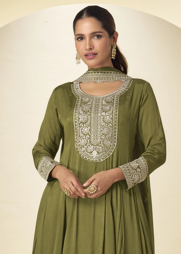 Olive Green Chinon Silk Palazzo Suit with Intricate Embroidery