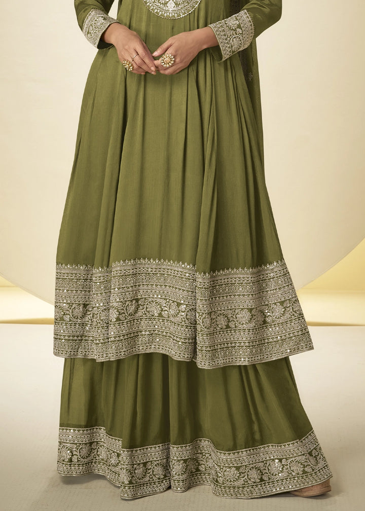 Olive Green Chinon Silk Palazzo Suit with Intricate Embroidery