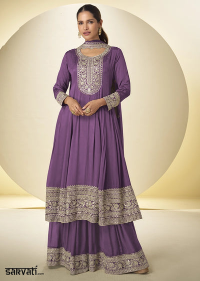 Deep Lilac Purple Chinon Silk Palazzo Suit with Intricate Embroidery