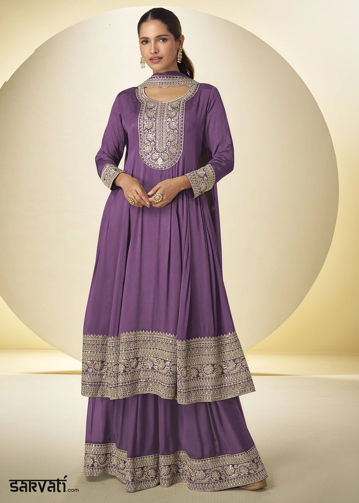 Deep Lilac Purple Chinon Silk Palazzo Suit with Intricate Embroidery