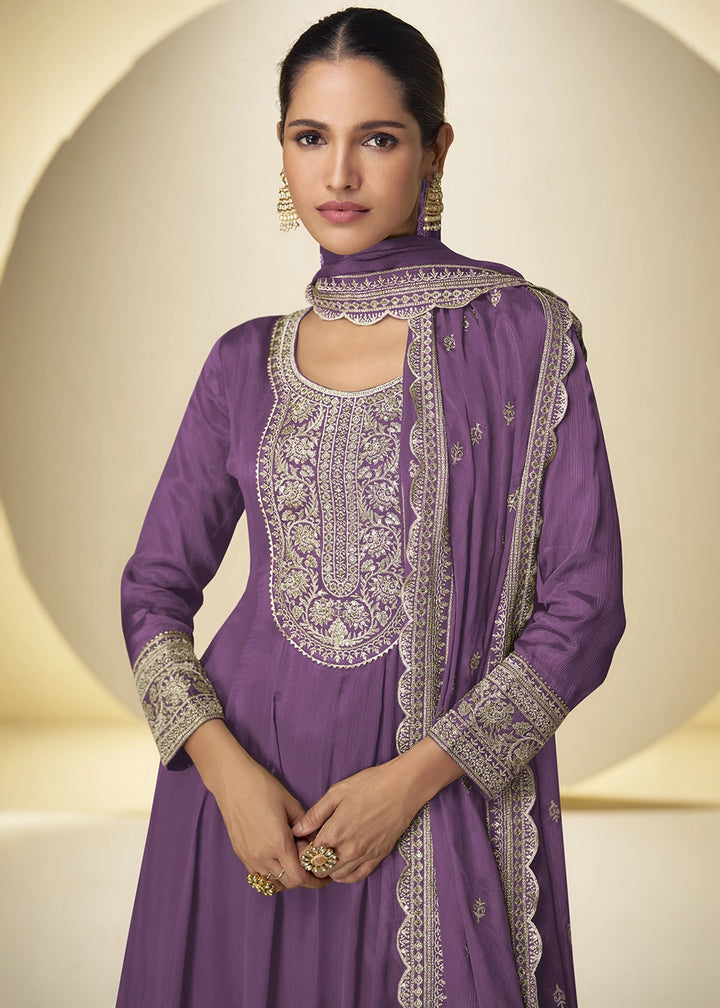 Deep Lilac Purple Chinon Silk Palazzo Suit with Intricate Embroidery