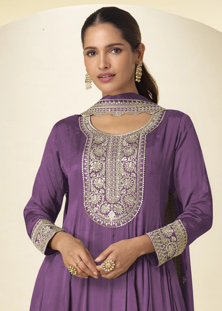 Deep Lilac Purple Chinon Silk Palazzo Suit with Intricate Embroidery